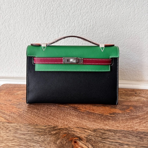 LEATHER INSIDE & OUT Black Red Green Colorblock Epsom 22 KL Pochette Bag S16 - Picture 4 of 13